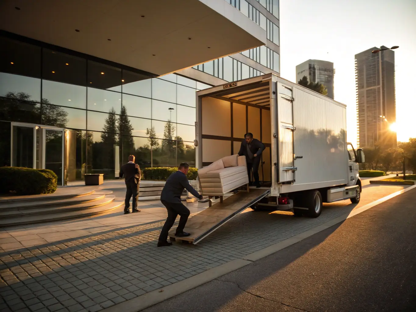A modern house exterior with a Roadrunner Moving & Storage truck parked in the driveway, movers carefully loading furniture, representing residential moving services.