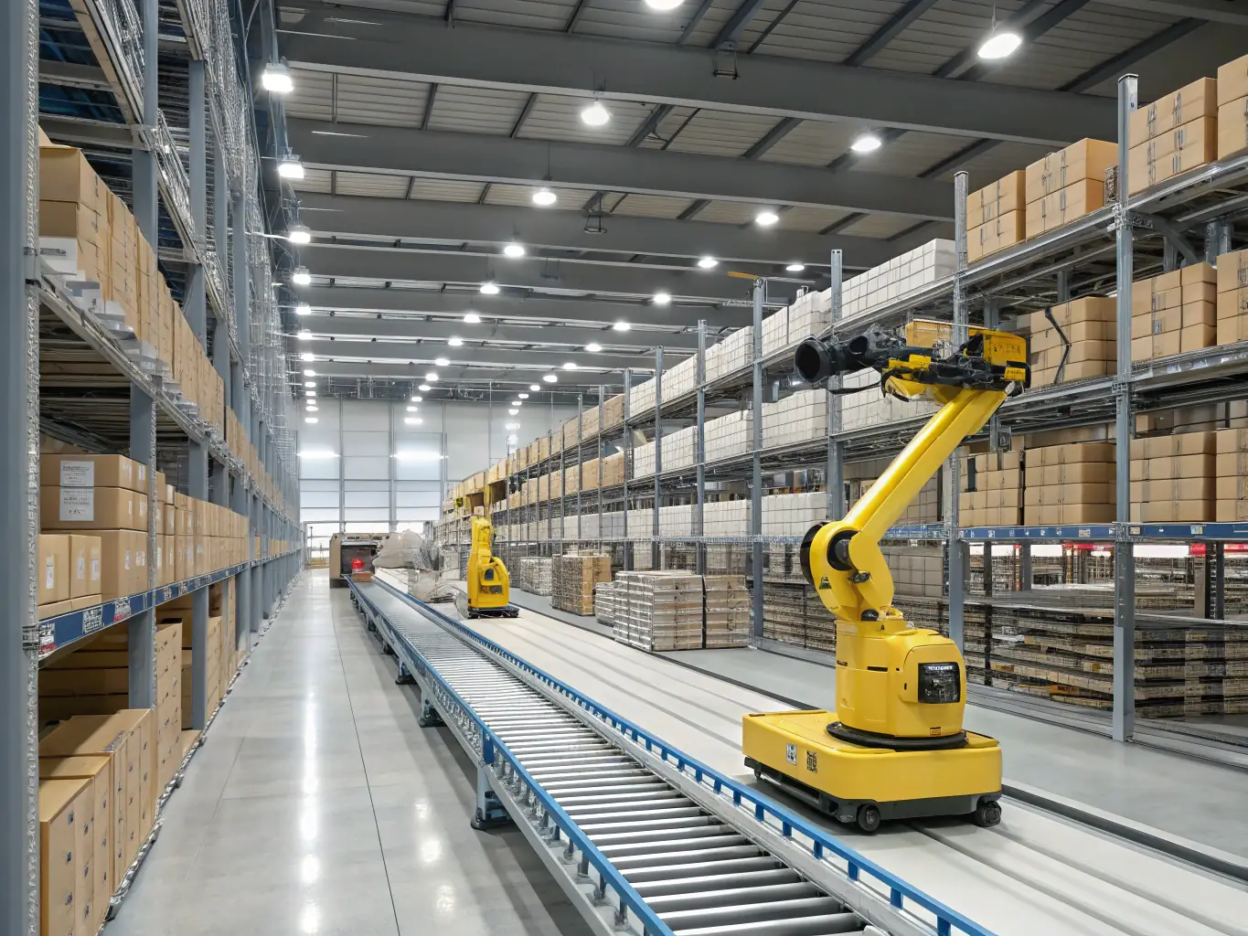 A large industrial warehouse with Roadrunner Moving & Storage trucks loading and unloading goods, representing industrial relocation and logistics services.