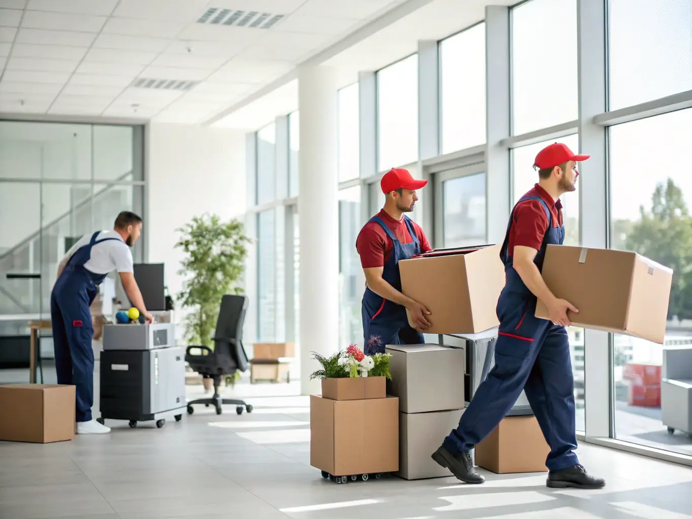 A bustling office environment with Roadrunner Moving & Storage movers carefully relocating office equipment and furniture, representing commercial relocation services.